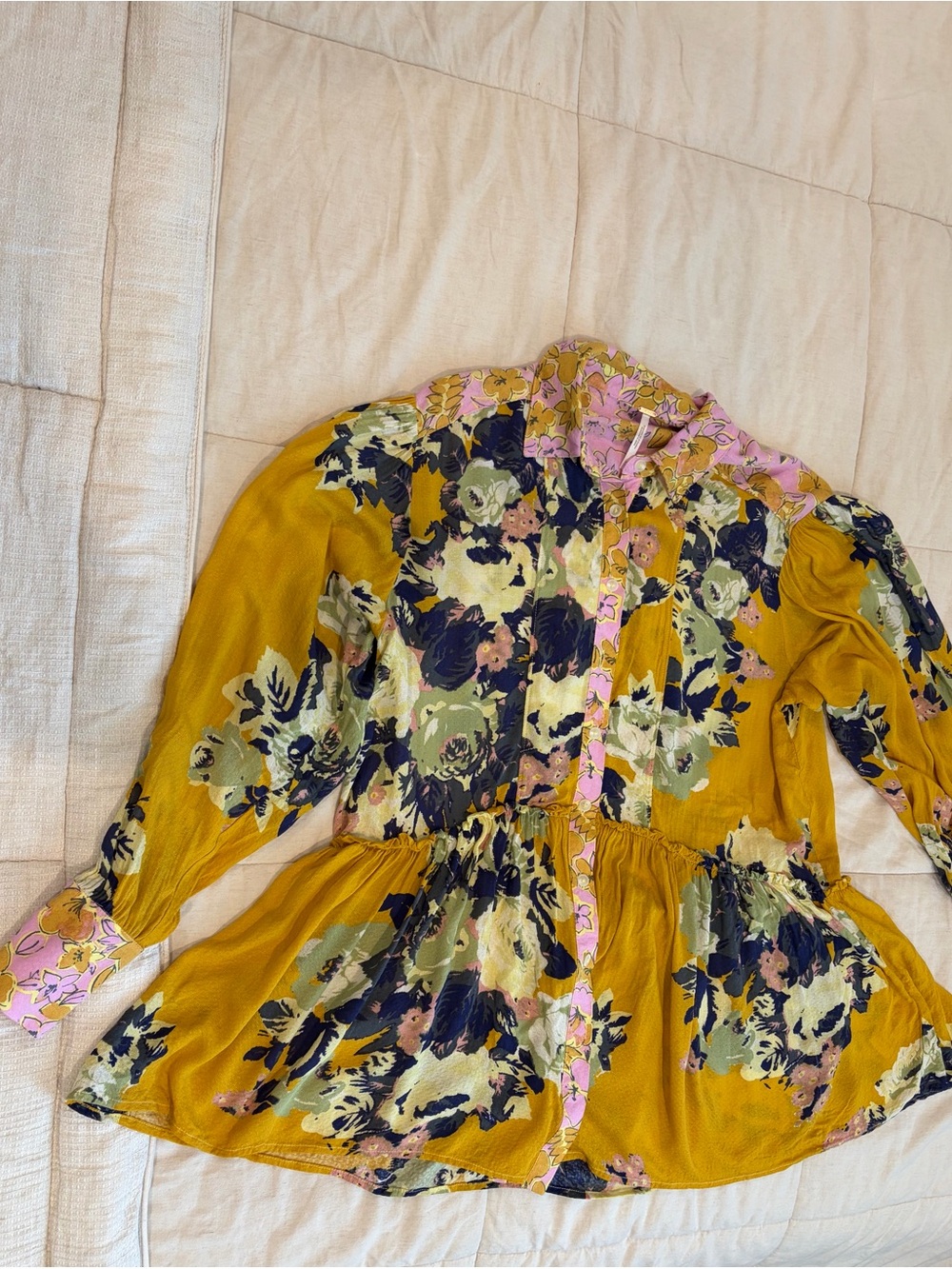 Free People Mustard Floral Button-Front short Dress/Long Top